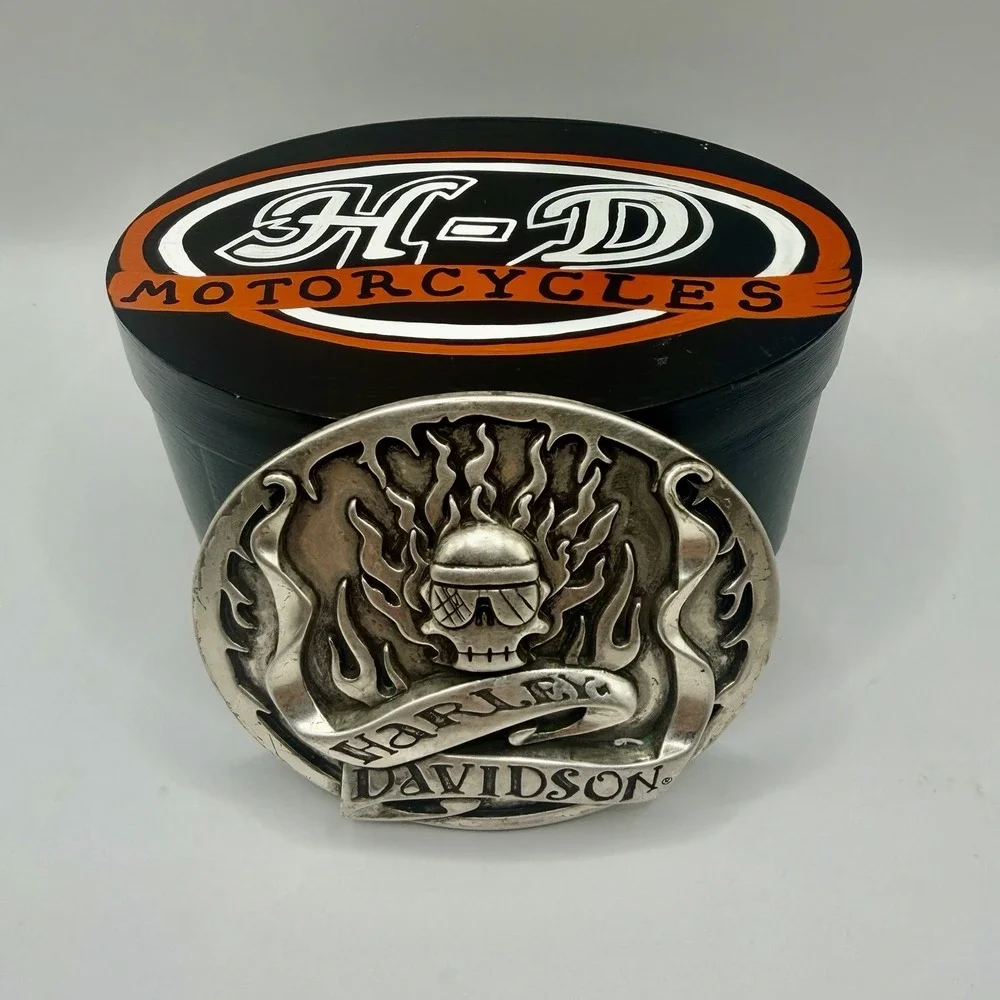 Harley Davidson Rare 2005 Flaming Skull With Goggles Belt Buckle And Box